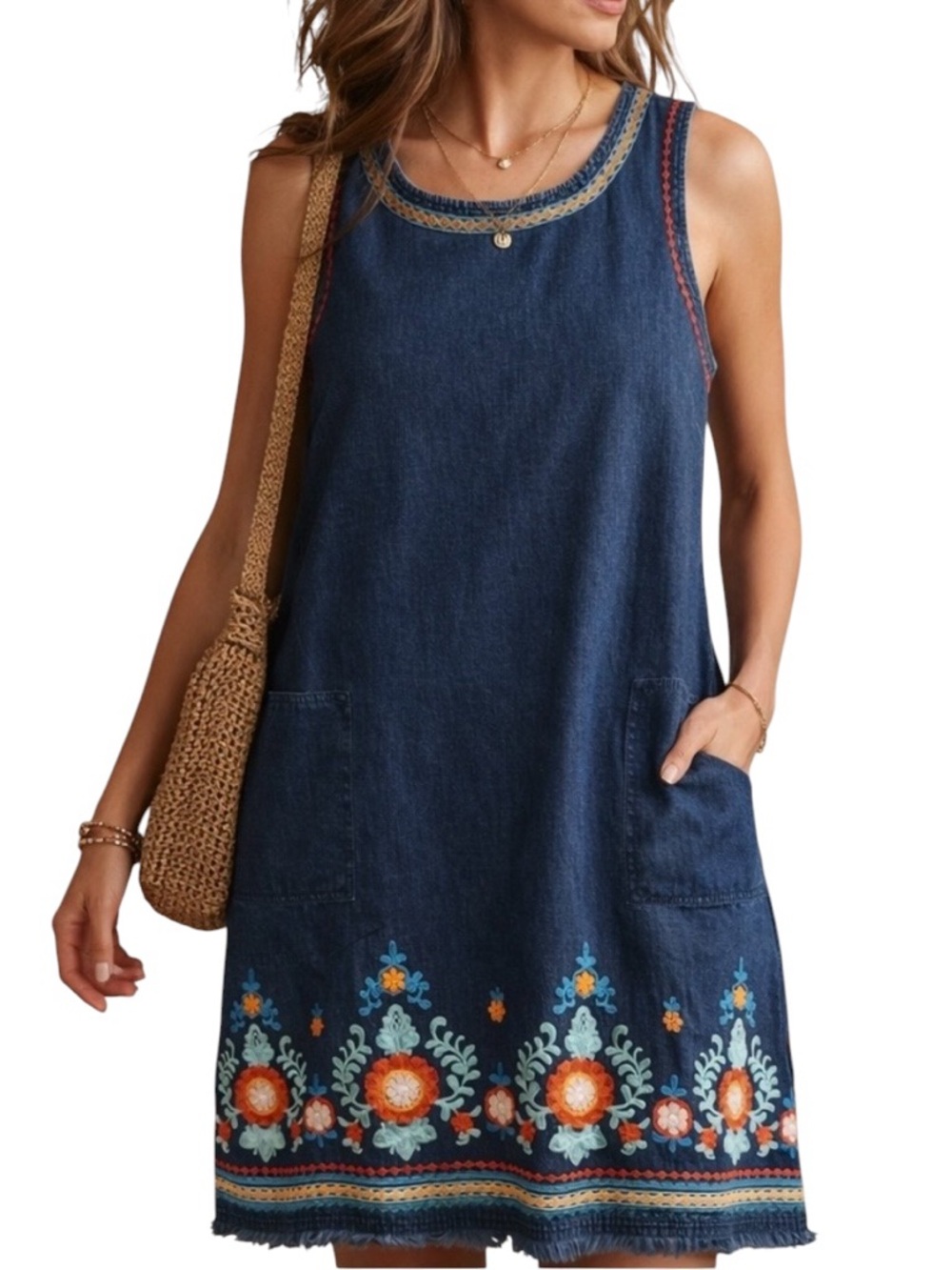 J. Jill Denim Blue Sleeveless Mini Dress with Multicolor Floral Embroidery